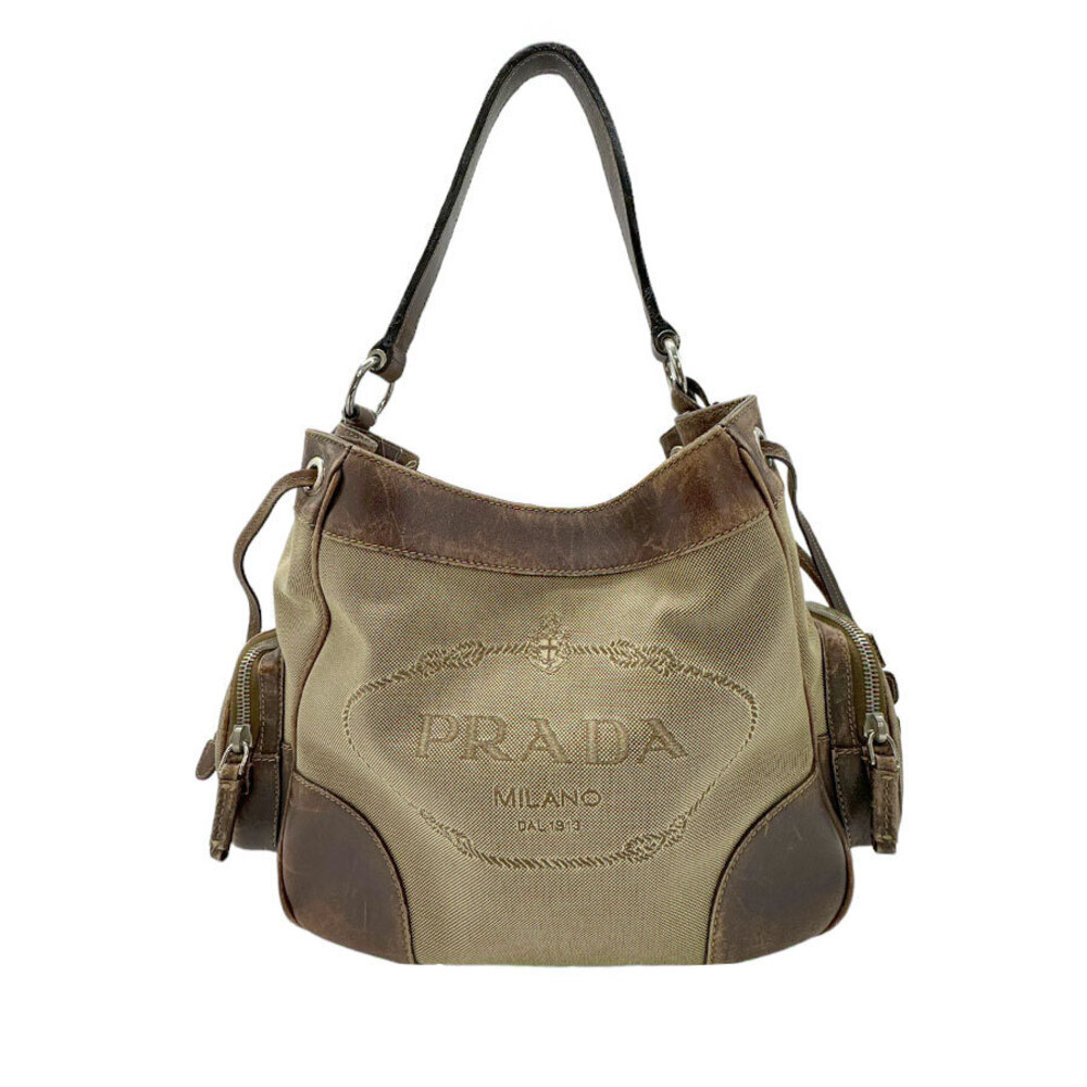 Prada Logo Jacquard Leather Side Pocket Shoulder Bag Beige Brown